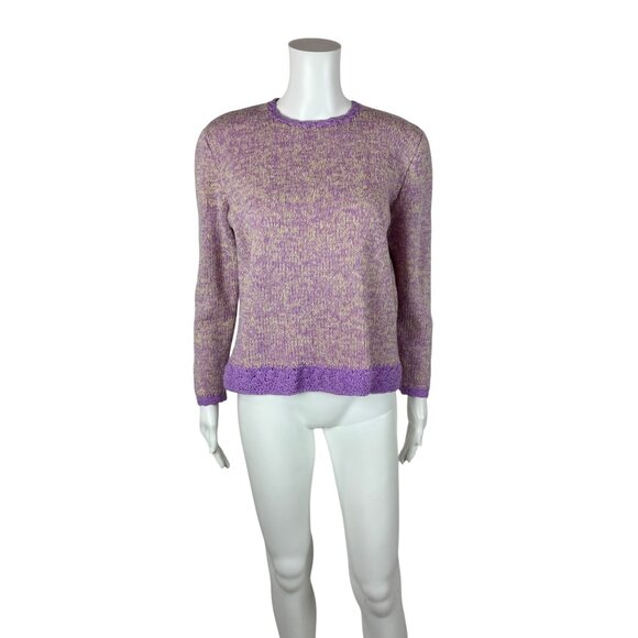 Vintage 60s Crochet Sweater Womens Medium Purple Cream Handmade Pullover - Picture 9 of 9